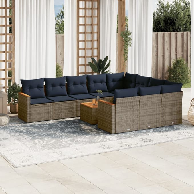 vidaXL - 11-delige - tuinbankset - met - kussens, - grijs - polyrotan