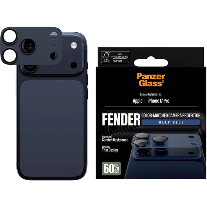 PanzerGlass Screenprotector geschikt voor Apple iPhone 17 Pro Aluminum | PanzerGlass FENDER Camera Protector - Case Friendly - Deep Blue