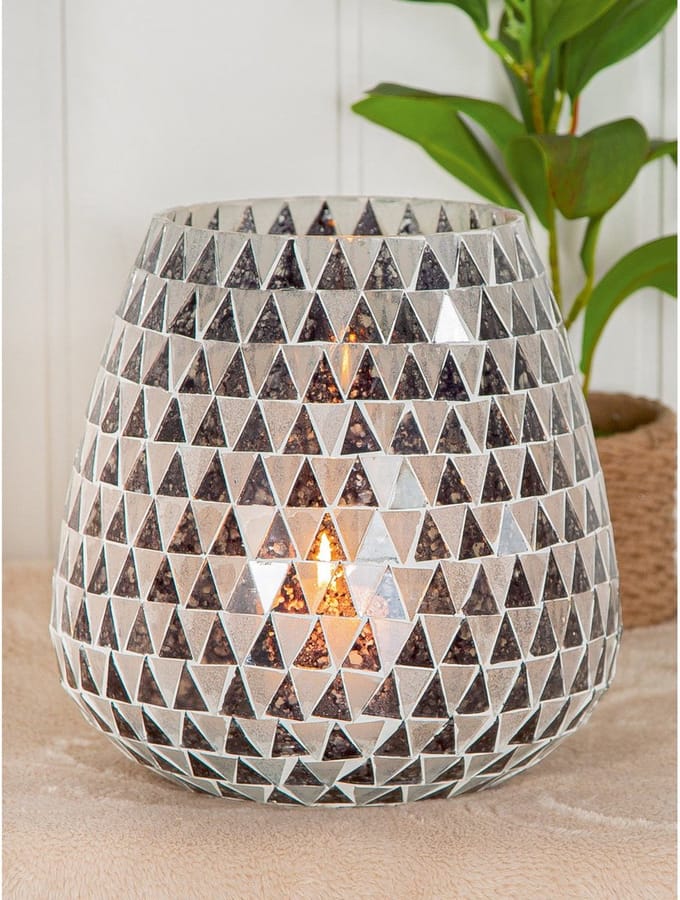kaarshouder windlicht disco triangle mozaiek zwart grijs wit H 17cm