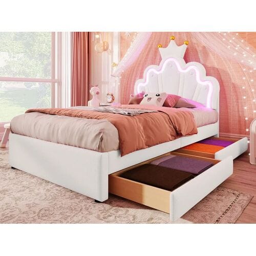 ModernLuxe Gestoffeerd kinderbed 90x200 cm - met LED en 2 lades - Wit