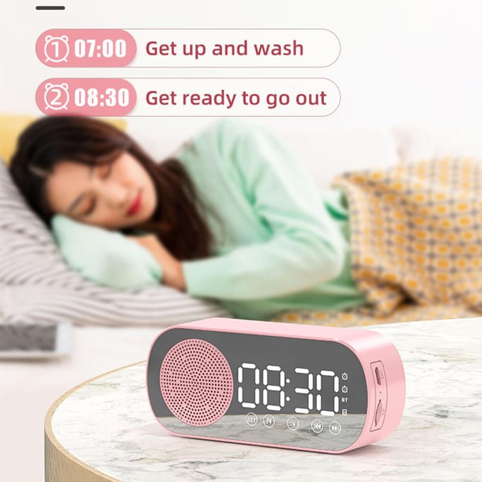 Bluetooth Luidspreker Klok Multifunctionele Slimme Digitale Spiegel Wekker voor Thuis School Kantoor roze