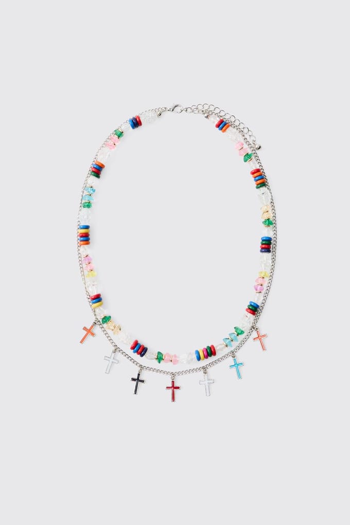 Double Layered Multi-Colour Beaded Cross Necklace