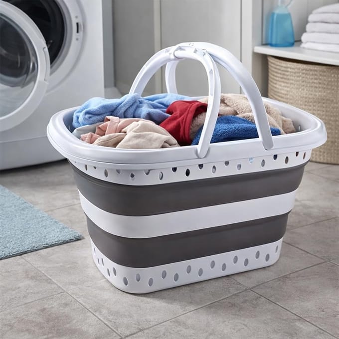 Wasmand - 45 L - Opvouwbaar - Wit Grijs
