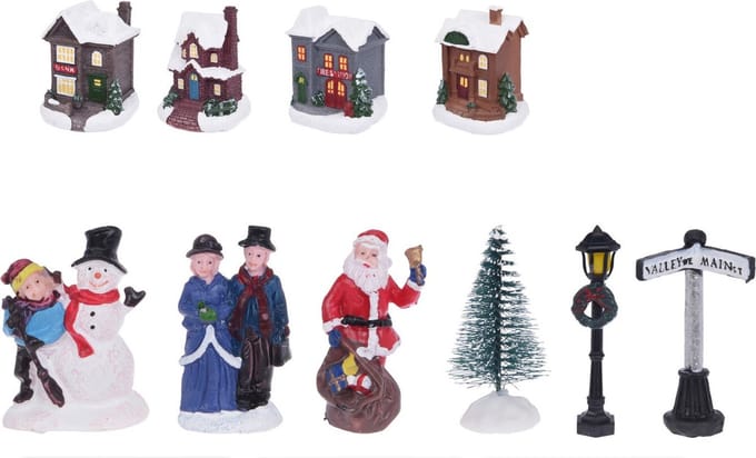 Koopmans Koopman Kerstmis Dorp LED Set - 14 stuks, 4 Huizen, 2 Bomen, 3 Figuren