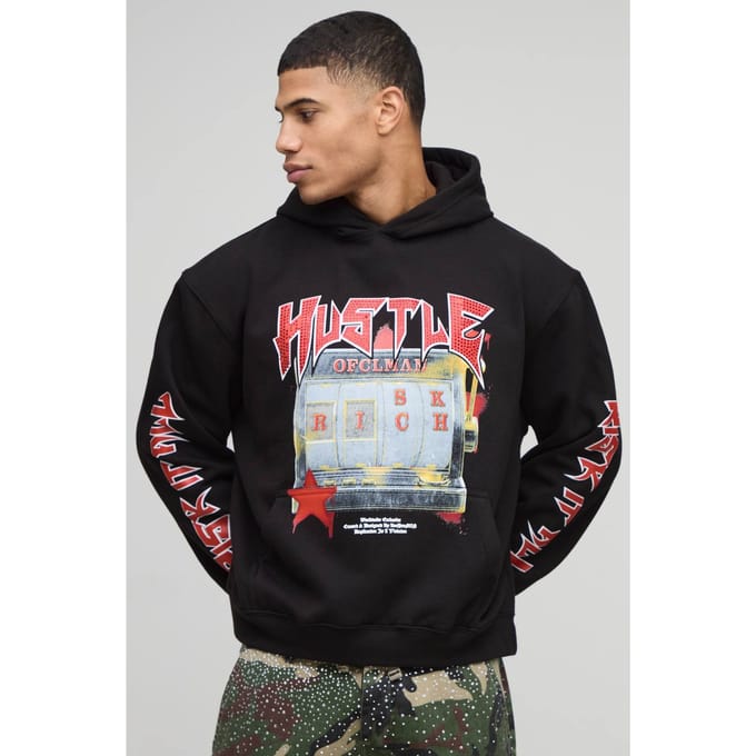 Zwarte oversized boxy Hustle slotmachine met rhinestone print hoodie | Black | Size Medium