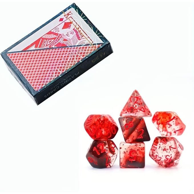 Ensemble de 7 dés et un jeu de cartes à jouer Dés multicolores Flash Point Dés multi-faces Plastique Imperméable Jeu Poker Jeu de table Ensemble de loisirs rouge
