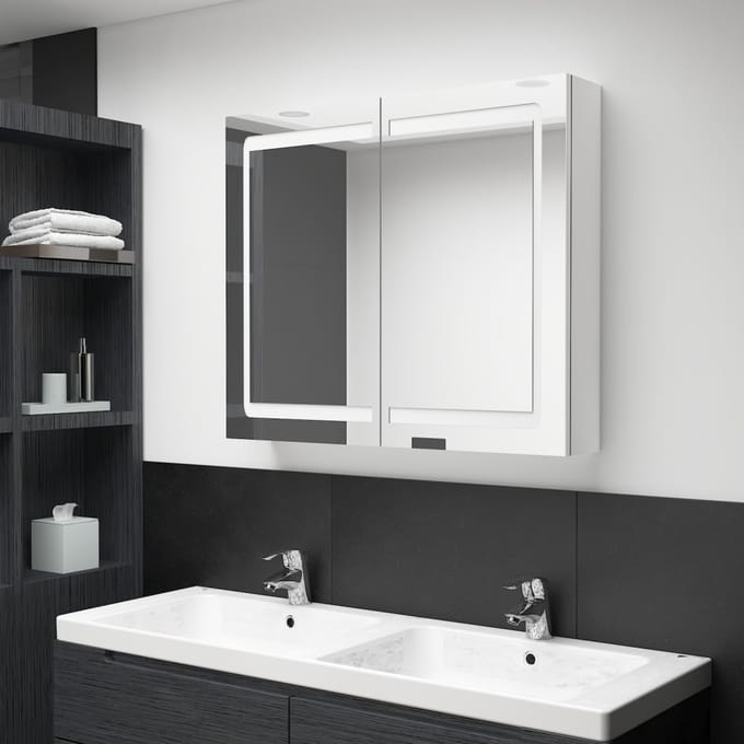 vidaXL - Badkamerkast - met - spiegel - en - LED - 80x12x68 - cm - glanzend - wit