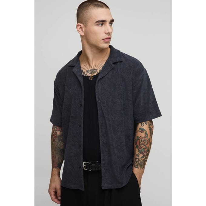 Oversized Revere Towelling Shirt | Dark Grey | Size Small