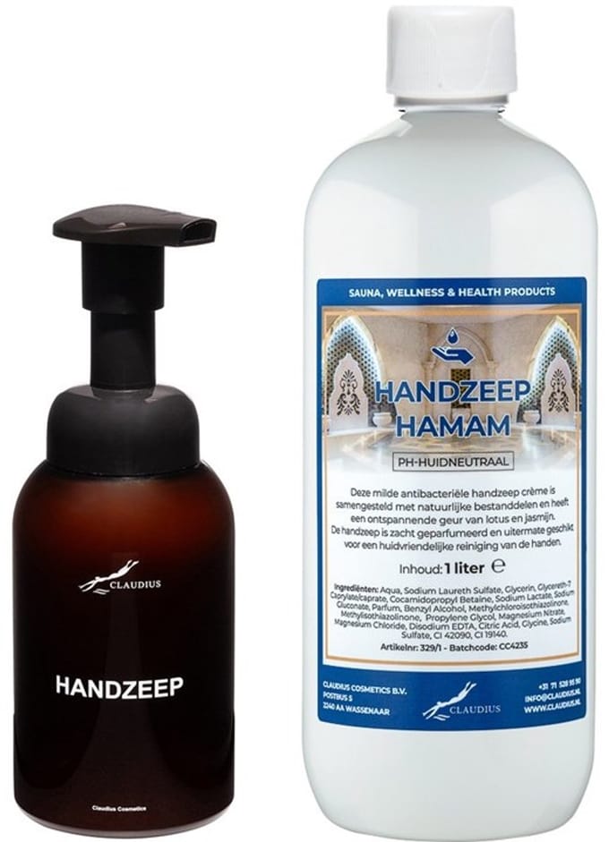 Zeepdispenser 300 ml amber bruin hervulbaar + 1 liter Handzeep Hamam navulling