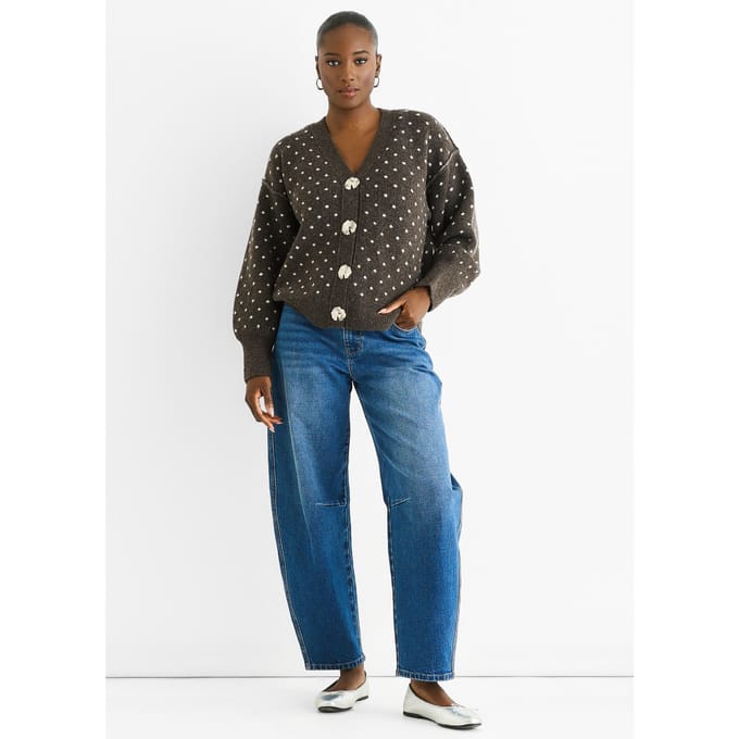 Chocolade Vlekprint Knop Cardigan Look Trui