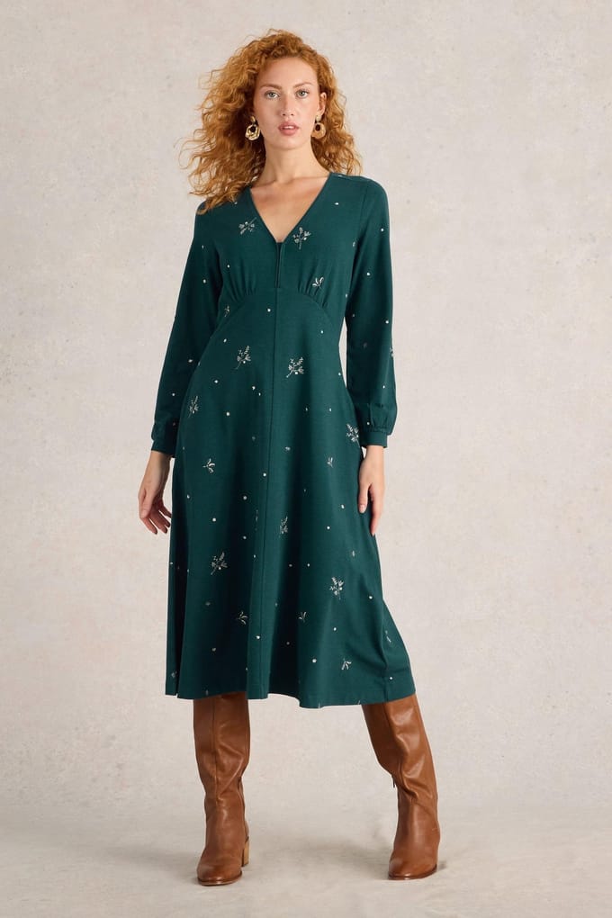 White Stuff Megan Embroidered Jersey Dress Teal Multi Größe: 8 REGULAR | Midikleider Outlet | Damen | Cyan