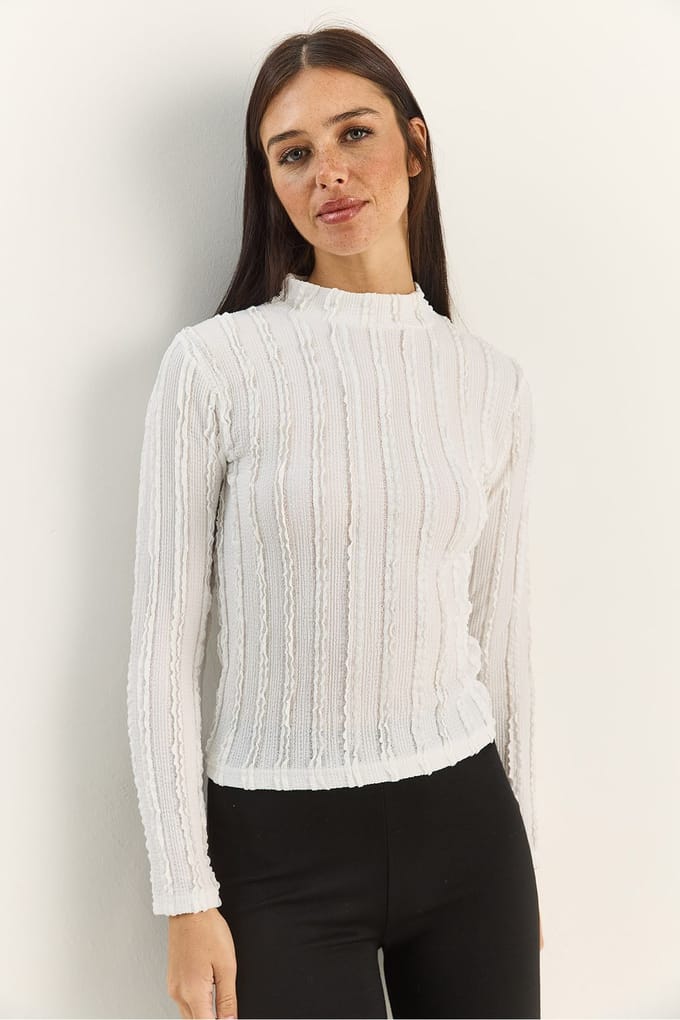 Halve Col Lange Mouw Katoenen Blouse