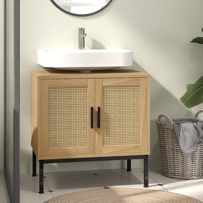 MODFU Wastafelonderkast - Rattanlook - Boho - Badkamer - Hout - Eiken - 60 X 39 X 60 Cm