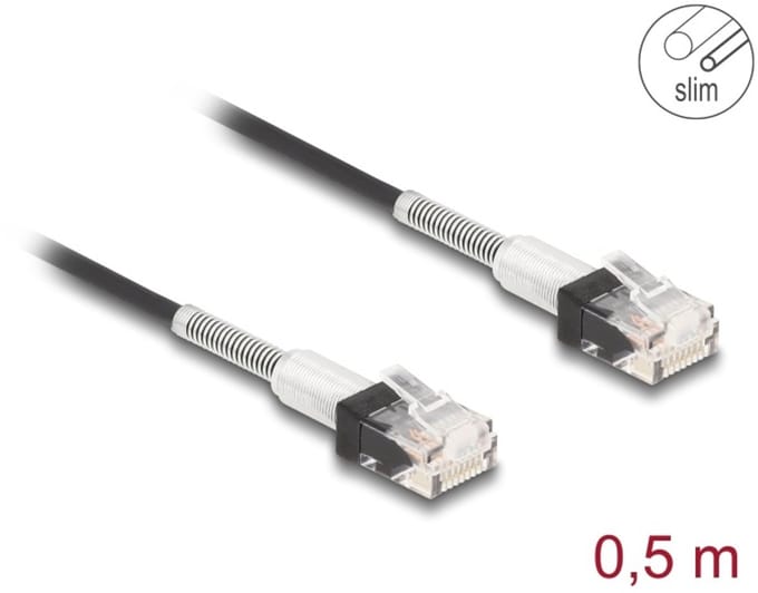 Delock RJ45 Network Cable with double bend protection Cat.6A UTP Slim 0.5 m black