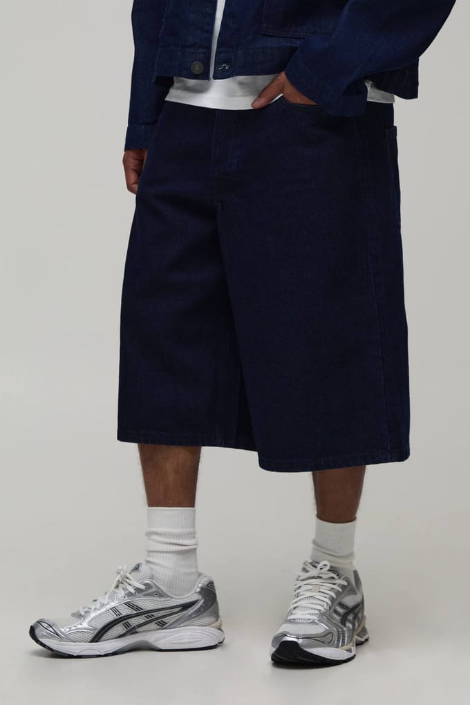 Varsity Embroidered Longline Denim Jorts | Indigo | Size 48