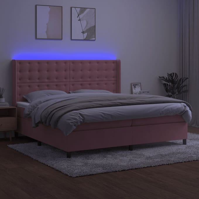 vidaXL - Boxspring - met - matras - en - LED - fluweel - roze - 200x200 - cm