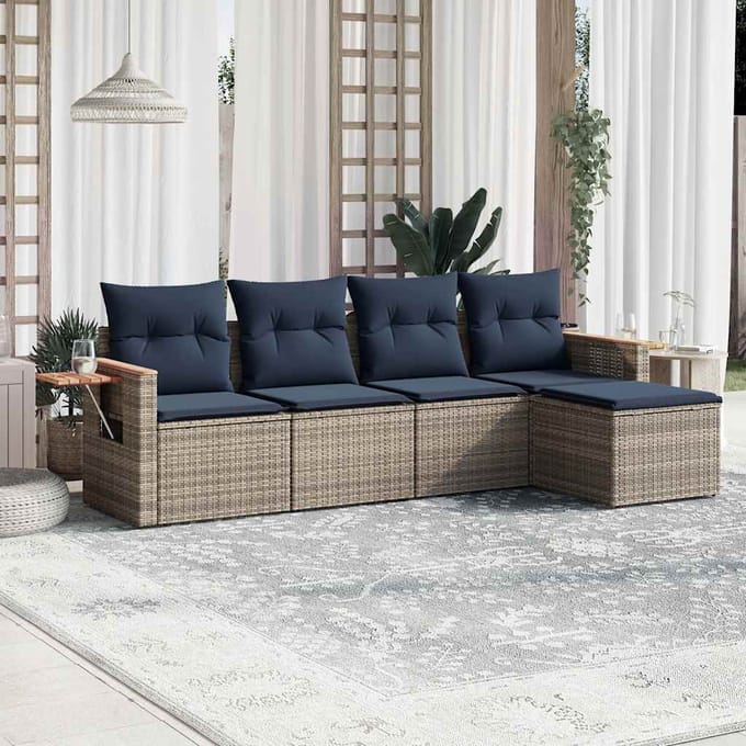 vidaXL - 5-delige - Loungeset - met - kussens - poly - rattan - grijs