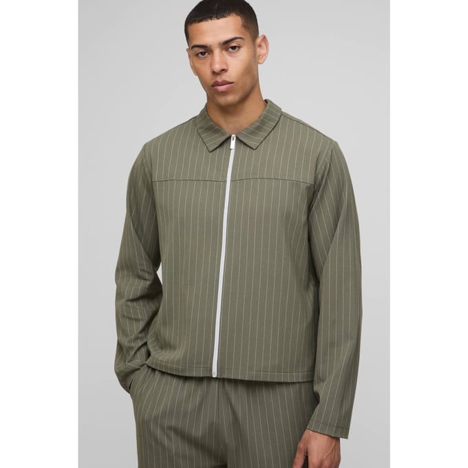 Regular Fit Stripe Harrington Jacket | Khaki | Size Small