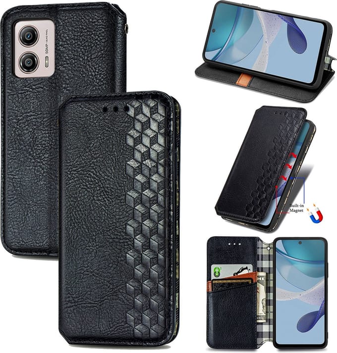 Luxe PU Lederen Ruitpatroon Wallet Case + Glas Screenprotector voor Moto G53 5G _ Zwart