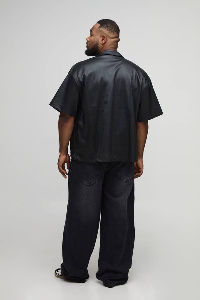 Plus Geplooierde PU Boxy Oversized Cargo Shirt | Black | Size 3XL