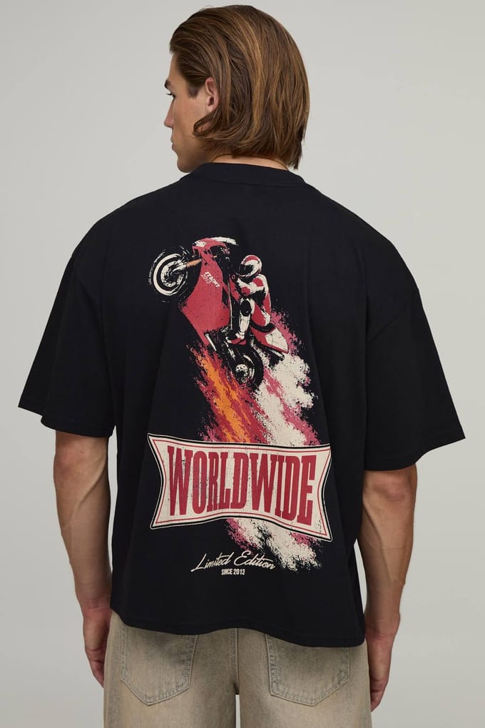 Zwart Oversized Boxy T-shirt Met Wereldwijde Motorprint | Black | Size Large