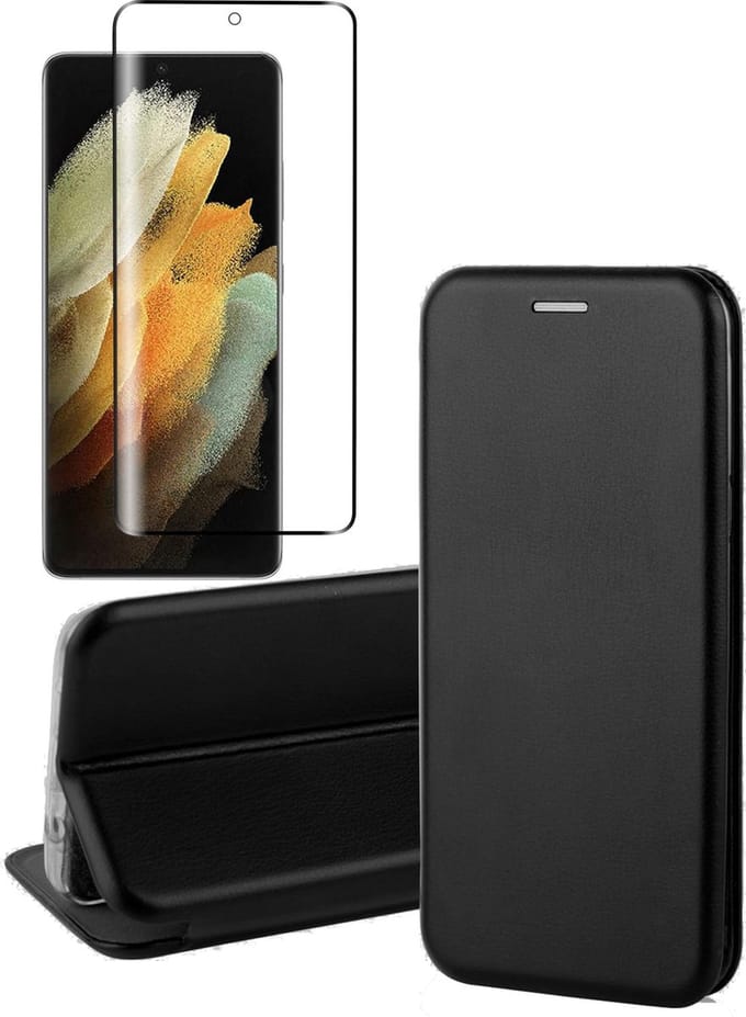 Hoesje geschikt voor Samsung Galaxy S21 Ultra - Screen Protector GlassGuard - Book Case Kunstleer ThinShield Zwart & Screenprotector