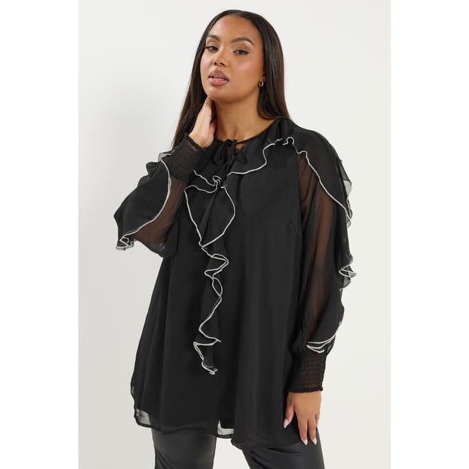 Yours Zwarte Blouse Met Contrasterend Ruche Size 42