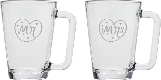 Gegraveerde set Theeglazen 26cl Mr. In hartje - Mrs. In hartje