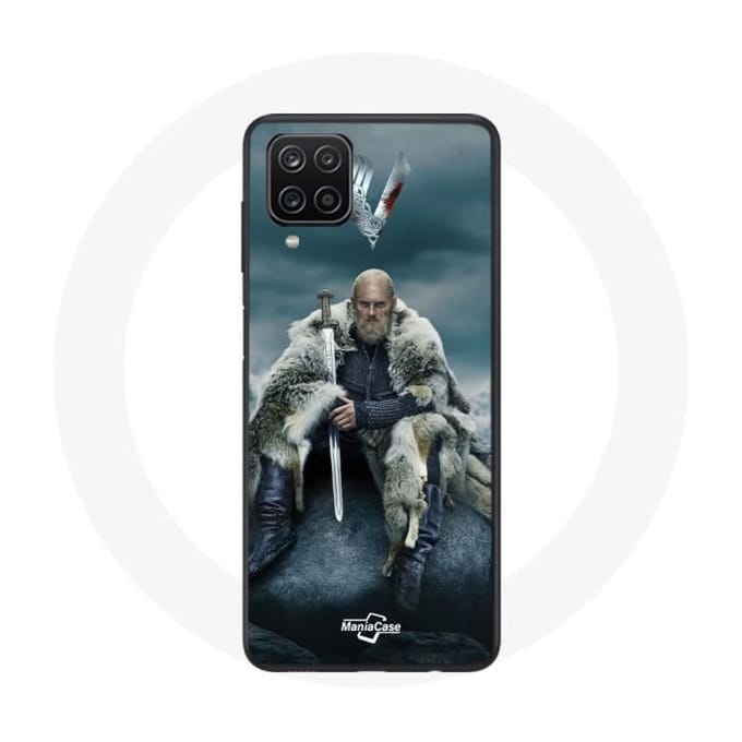 Coque pour Samsung Galaxy A12 Vikings Série Saison 6 Ragnar Lothbrok logo V Epée Gris Fond Brouillar
