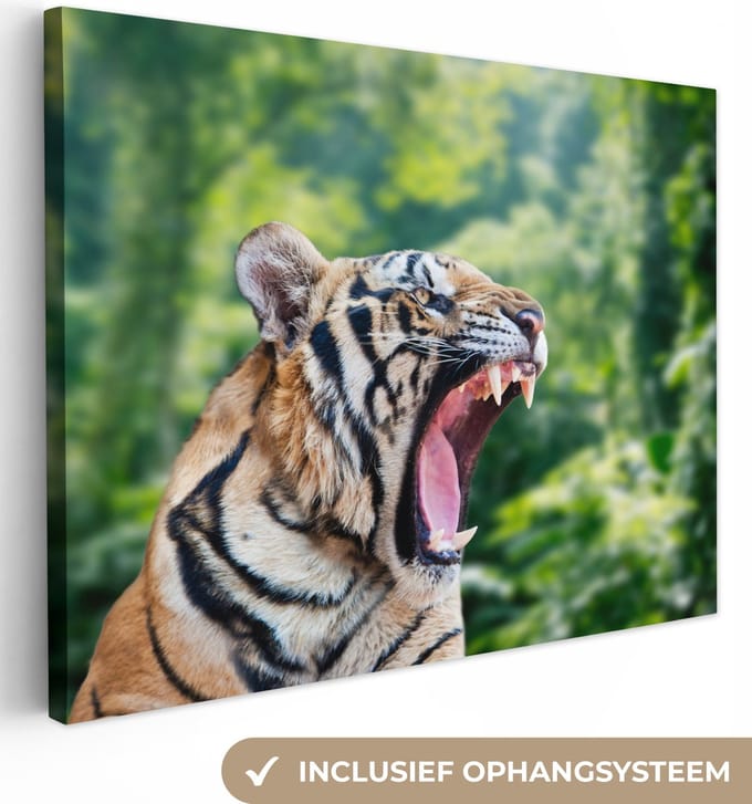 Canvas Schilderij Tijger - Kop - Bos - 80x60 cm - Wanddecoratie