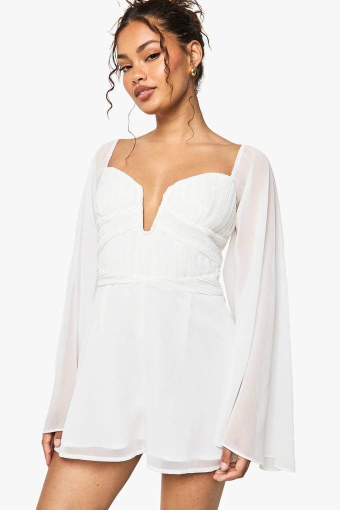 boohoo Dames Chiffon geplooide playsuit met lange mouwen | White | Maat: 12