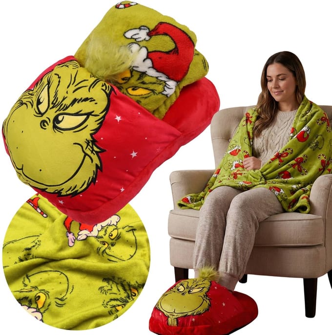 Grinch Kerstcadeauset, deken 110 cm x140 cm + voetwarmer, winterset