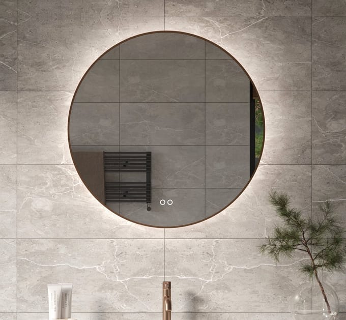 Ronde badkamerspiegel met indirecte verlichting, verwarming, touch sensor, dimfunctie en koperen frame 80x80 cm