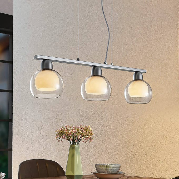 Lucande - hanglamp - 3lichts - Ijzer, glas - H: 7.8 cm - E14 - nikkel, wit, rookgrijs
