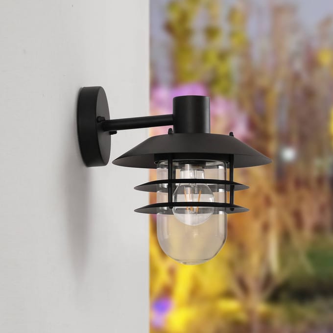 Lindby - Wandlamp buiten - 1licht - IJzer, metaal, glas - H: 26.2 cm - E27 - zwart, transparant