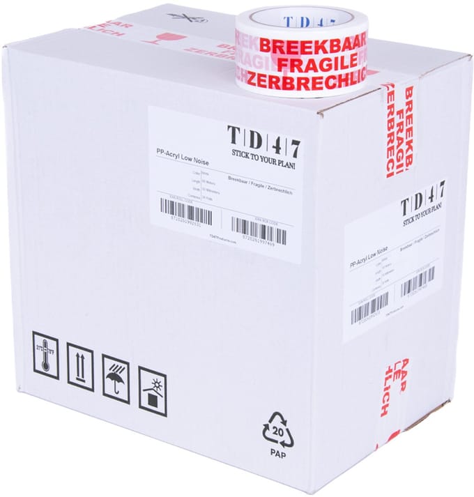 TD47 Verpakkingstape Breekbaar / Fragile / Zerbrechlich 50mm x 66m Wit (Doos 36 Rollen)
