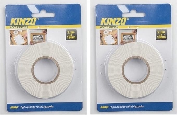 Kinzo Dubbelzijdig tape - 2x rol - 19 mm x 2,3 meter - wit