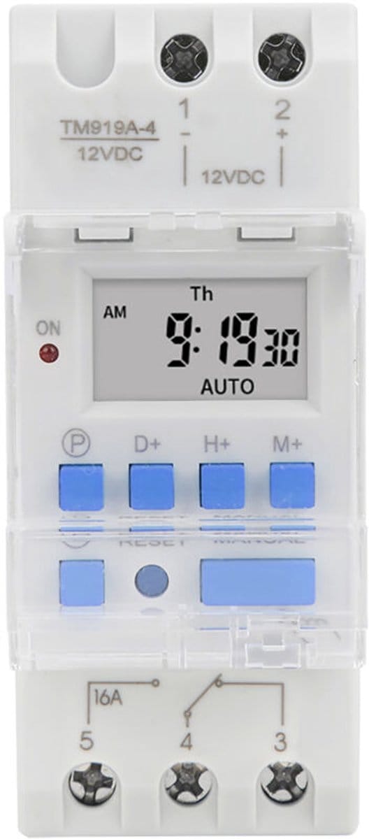 12V DC 16A cyclustimer met LCD-display en aftelfunctie. Verwijderbare batterij.