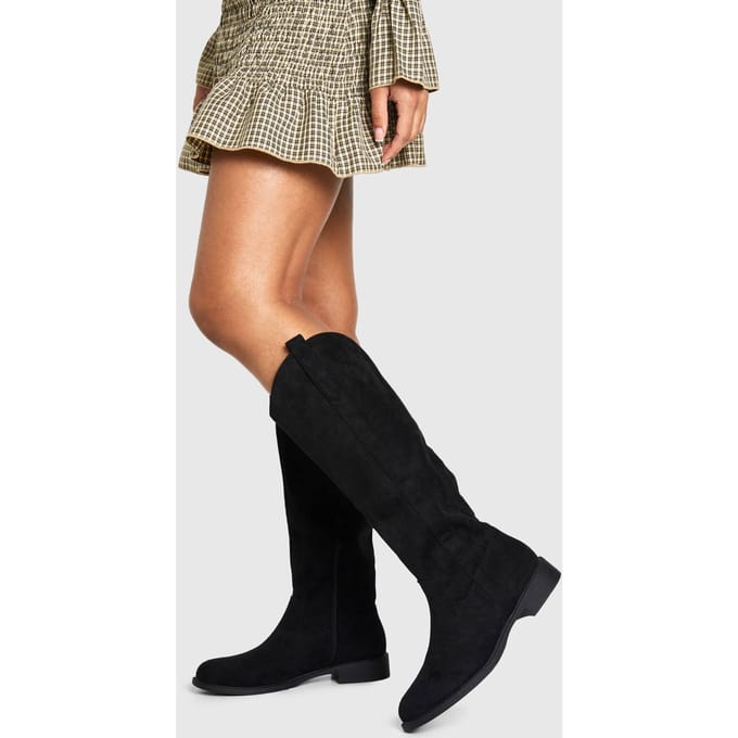 boohoo Dames Western Boot Mid Low Block Hak | Black | Maat: 3