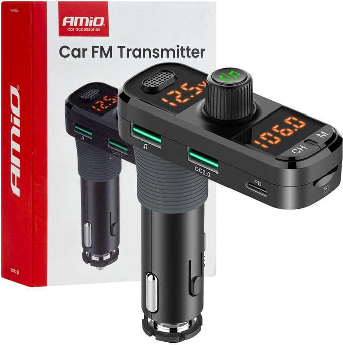 Car FM Transmitter 2×USB-A 1×USB-C microSD 12V 24V – Bluetooth, Hands-Free Bellen en L-vormige Behuizing