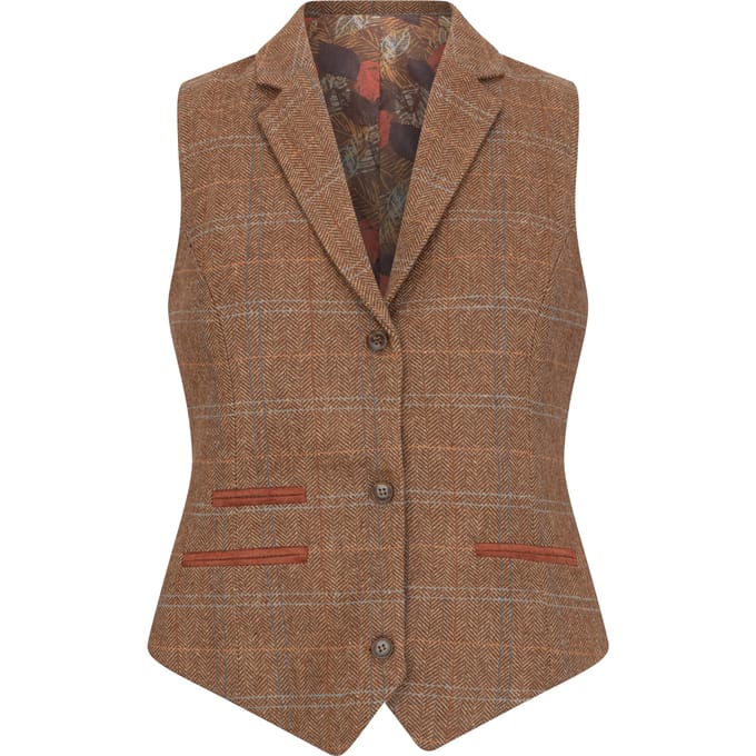 Dames Oak Brown Tailored Fit Tweed Gilet met Visgraatmotief