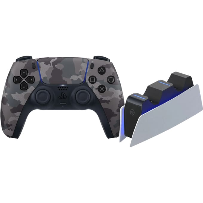 Sony PlayStation 5 DualSense Draadloze Controller Grey Camo + BlueBuilt Oplaadstation