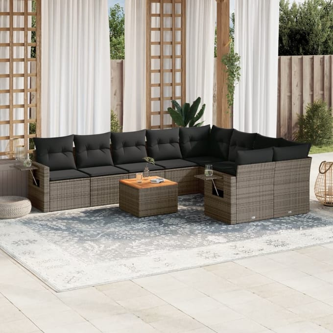 vidaXL - 10-delige - Loungeset - met - kussens - poly - rattan - grijs