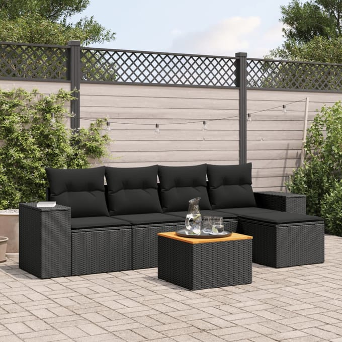 vidaXL - 6-delige - Loungeset - met - kussens - poly - rattan - zwart