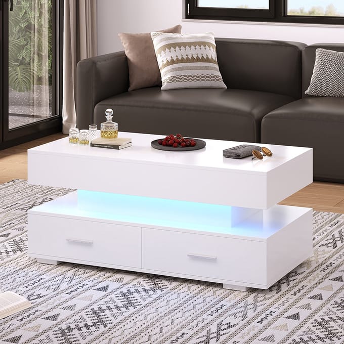 KOMHTOM Salontafel Hefbare Tafel LED verlichting Bluetooth APP bediening 2 laden en open opbergruimte wit