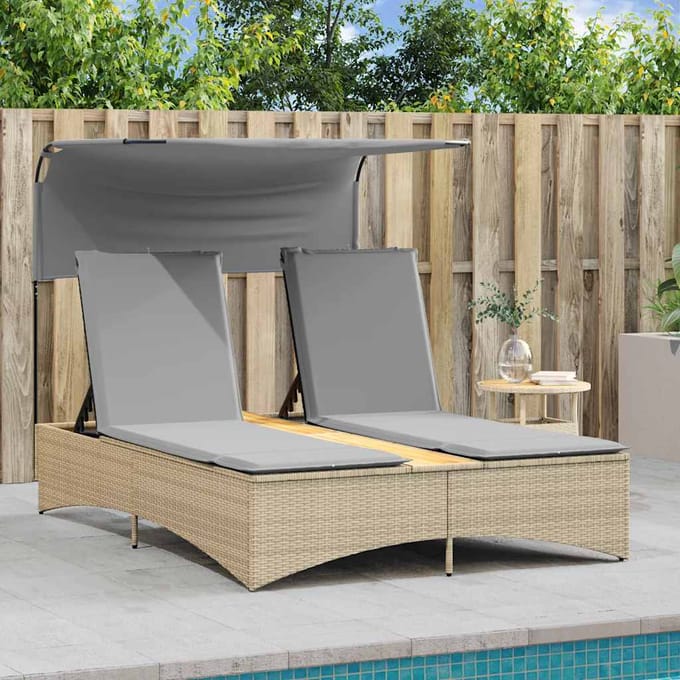 vidaXL - Ligbed - 2-persoons - luifel - en - kussens - poly - rattan - gemengd - beige