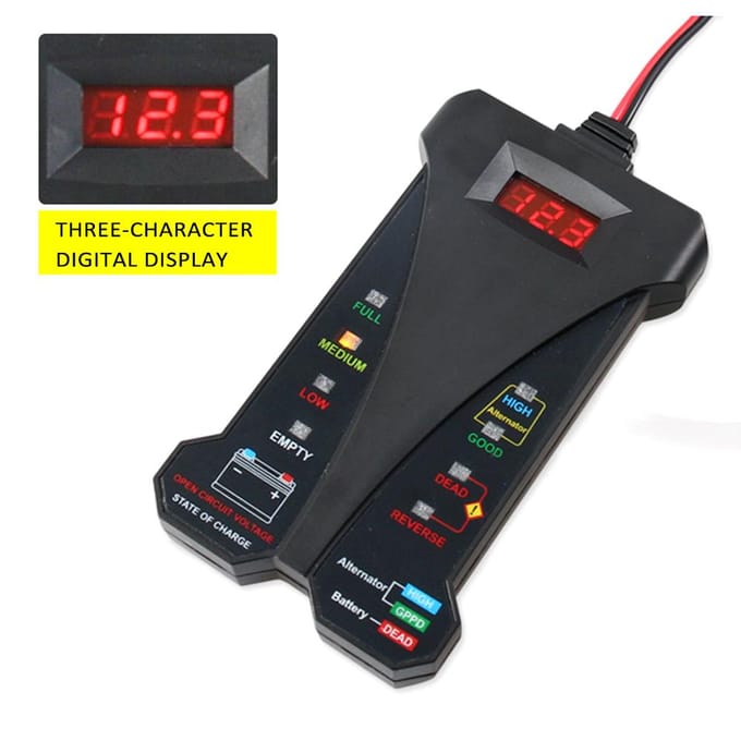 Autobatterijtester, 12V Digitale Batterijvoltmeter en Laadsysteemanalysator voor Motorfiets zwart