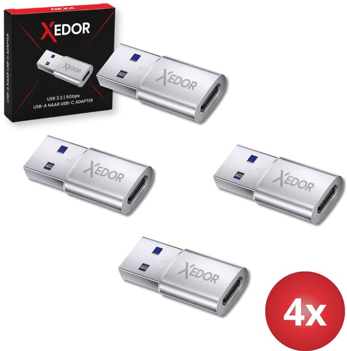 Xedor® Nexa – USB A naar USB C Adapter – 4 Stuks – USB 3.2 Gen 1 – 5 Gbps – Laptops, Smartphones & USB sticks – Zilver