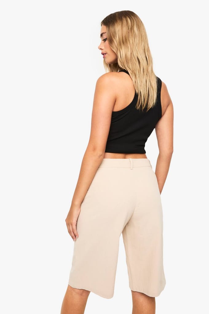 boohoo Dames Linnen getailleerde mid-rise Bermuda shorts | Steen | Maat: 34