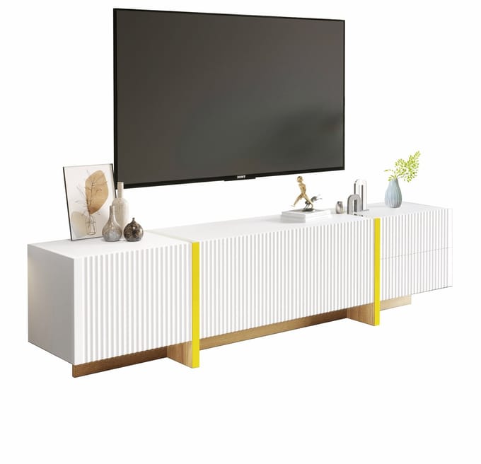 TV-Meubel 190 cm - Lowboard Met 3 Deuren En 2 Lades - Decoratief Ontwerp - Onbekend - Wit en Goud